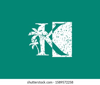 K Letter Palm Tree Logo Icon With Retro Half Tone Style. Perfect for surfing shop, sport, Tour and Travel. Initial K with sea wave and palm tree.