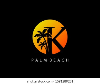 K Letter Palm Tree and Sun Set Logo Icon. Perfect for surfing shop, sport, Tour and Travel. Initial K with sunset and palm tree.