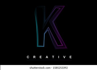 K letter with smoke fine curved lines in blue and purple. Vector illustration letter for logo, label, monogram, cover, emblem, company name, font, business sign, icon or web page graphic design. 