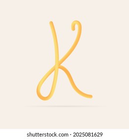 K letter spaghetti design. Vector hand draw realistic food font. Isolated Italian pasta for tasty poster, restaurant identity, gourmet element and more