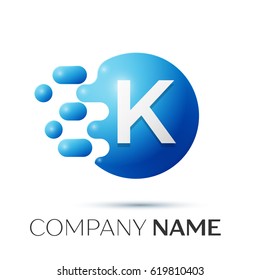 K Letter splash logo. Blue dots and circle bubble letter design on grey background. Vector Illustration