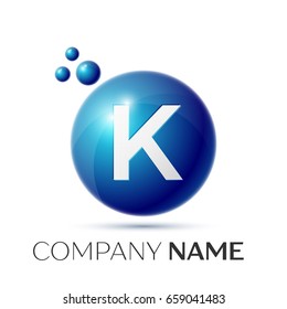 K Letter splash logo. Blue dots and circle bubble letter design on grey background. Vector Illustration