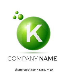 K Letter splash logo. Green dots and circle bubble letter design on grey background. Vector Illustration