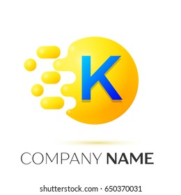 K Letter splash logo. Yellow dots and circle bubble letter design on grey background. Vector Illustration
