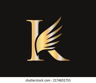 K Letter Transportation Logo Design. Initial Flying Wing K Letter Logo. Letter K logotype and wings Concept