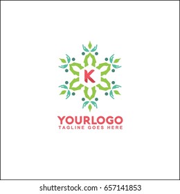 K letter trendy and elegant logo design. Vector floral shop or studio, wedding florist, custom. circle with flowers and leaves.