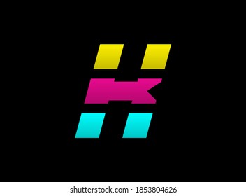 K letter vector desing, Cmyk color font logo, . Dynamic split blue, pink, yellow color on black background. For social media,design elements, creative poster, web template                      
