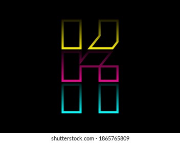 Diseño vectorial de letra K, logotipo de tipo de letra en color Cmyk. Color dinámico de color azul, rosa, amarillo sobre fondo negro. Para medios sociales, elementos de diseño, afiches creativos, plantillas web y más      
