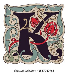 K letter vintage colors antique gothic initial logo. Typeface, vector premium design template elements for identity, package, book, diploma, etc.