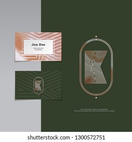 K letter vintage monogram and business card, lines style, vector, eps 10