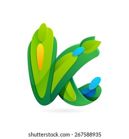 K letter volume ecology logo, leaves and water drops vector design template elements