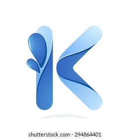 K letter with water waves and blue drops. Vector design template elements for your ecology application or company branding