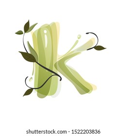 K letter watercolor hand drawn green natural logo.  Watercolor splashes style. Vector typeface for eco, vegan, bio, raw, organic template.