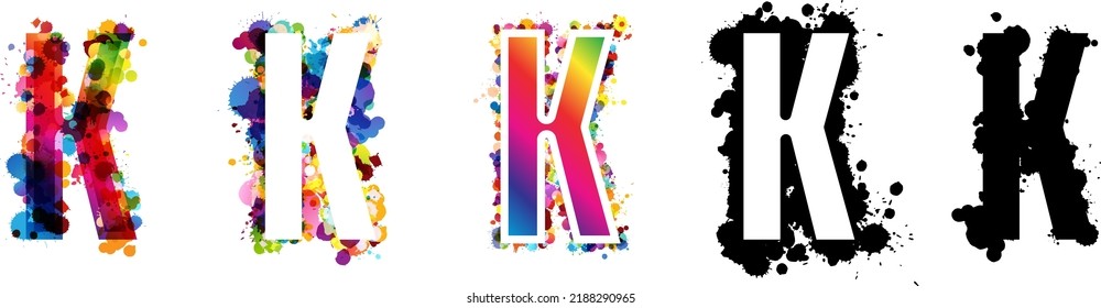 K letters with rainbow and black paint splash decorative elements. Colorful K letter emblems collection. Vector illustration in artistic style.