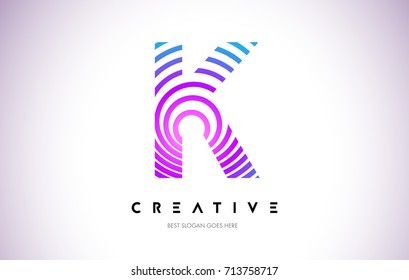 K Lines Warp Logo Design.Vector Letter Icon Made with Purple Circular Lines.