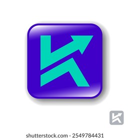 K logo in blue app button. Monogram consists of bended strips and arrow. Letter with direction.