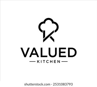 Chef de design com logotipo K apresentando um chapéu de chef e texto estilizado, representando uma marca de cozinha.