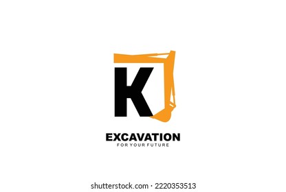 K logo excavator for construction company. Heavy equipment template vector illustration for your brand.