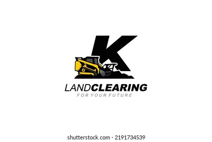 K logo skid steer for construction company. Heavy equipment template vector illustration for your brand.