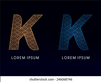 K ,Luxury font ,designed using gold and blue line, concept shape from water, river, sea, ocean, fish scale, logo, symbol, icon, graphic, vector.