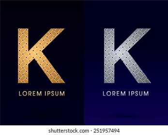 K Luxury font, designed using gold and silver line geometric shape on dark background, idea from wicker,basket ,woven, ribbons, jewelry, diamond ,rope, logo, symbol, icon, graphic, vector.
