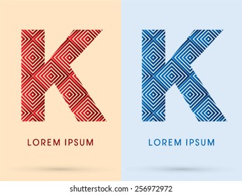 K ,Luxury font, designed using red and blue line square geometric shape, hot and cool tone, logo, symbol, icon, graphic, vector.