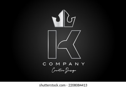 K metal alphabet letter logo icon design. Silver grey creative crown king template for company and business