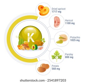 K Mineral- und Kalium-reiche Lebensmittel-Icons. Infografik von K Mineral und gesunde Produkte mit Symbol von Kalium auf Pille, Kartoffeln, Petersilie, Erbsen, getrocknete Aprikosen und Avocado, Vektorgrafik