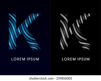 K ,modern wave  font ,designed using blue and black line on dark background, concept move, wave, water, freestyle, zebra line, fantasy ,logo, symbol, icon, graphic, vector.