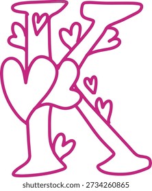 K monogram letter hand drawn with hearts. Pink alphabet symbol isolated on white.