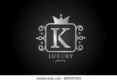 K monogram silver metal alphabet letter logo. Creative icon design with king crown for luxury business and company 