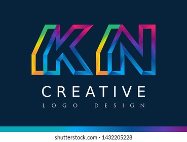 K N Logo. KN Letter Design Vector with Magenta blue and green yellow color.