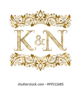 K and N vintage initials logo symbol. The letters are surrounded by ornamental elements. Wedding or business partners monogram in royal style.