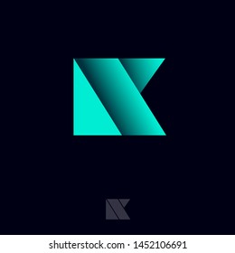 K origami monogram. K logo. Green letter on a dark background. Geometric figures with shadow.