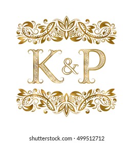 K and P vintage initials logo symbol. The letters are surrounded by ornamental elements. Wedding or business partners monogram in royal style.