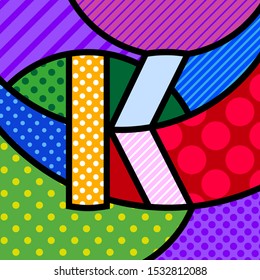 K Pop Art modern design alphabet letter. Comic style font in modern trendy colors. ABC lettering. Cartoon graphic letter for kids and your design. Halftone background and texture. 