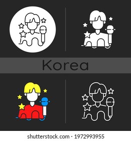 K pop dark theme icon. Musician performance. Popular singer. Group performer. Entertainment industry. Korean culture. Linear white, simple glyph and RGB color styles. Isolated vector illustrations