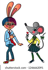 K pop girl and a boy idol. Mouse and rabbit dancing. Colored vector for card or gift. 