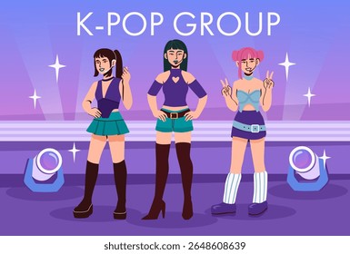 K pop group. Young girls in trendy clothes standing on scene. Popular artists and musicians. Entertainment and leisure, culture. Celebrities and famous people. Flat vector illustration