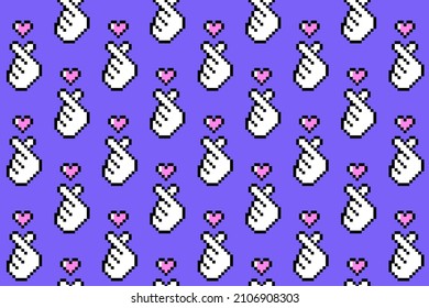 K pop love symbol pixel art seamless pattern. Korean symbol hand heart, love symbol in k pop.