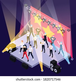 K Pop Music Boys Group Singing And Dancing On Outdoor Stage Isometric Background Vector Illustration