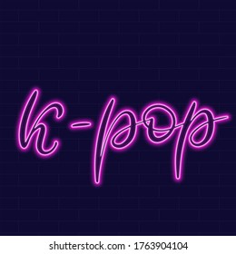 K pop Neon sign with lettering on dark background vector illustration. Korean popular music Logo design template. Light banner, glowing neon signboard for advertising. South Korea culture