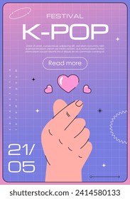 K pop poster. Hand with hearts. Musical festival and holiday. Korean pop music and artist. Graphic element for website. Cartoon flat vector illustration isolated on pink background