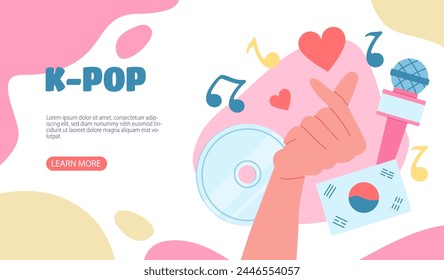 K POP poster. Hand near south Korea flag, disc and microphone. Popular music and sings. Advertising and marketing, famous people and bands. Landing webpage design. Cartoon flat vector illustration