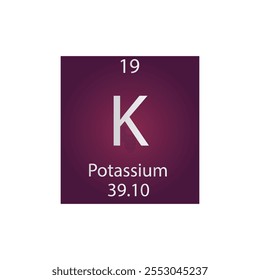 K Potasio Alcalino metal Elemento químico Tabla periódica. Ilustración vectorial cuadrada plana simple, icono de estilo limpio simple con masa molar y número atómico para laboratorio, ciencia o clase de química.