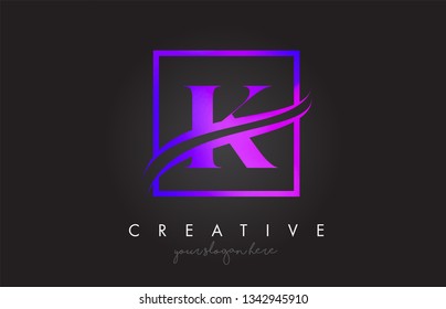 K Purple Violet Letter Icon Logo Design with Square Swoosh Border and Creative Design Vector Illustration.