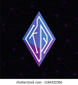 K Q Initial letter block chain logo icon vector template. Looping mono line circuit letter on rhombus cube logo