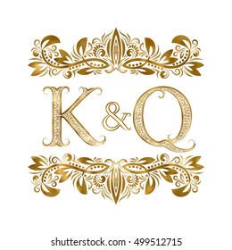 K and Q vintage initials logo symbol. The letters are surrounded by ornamental elements. Wedding or business partners monogram in royal style.