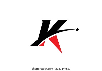 K red black alphabet letter logo icon design with swoosh and star. Creative template for company and business 