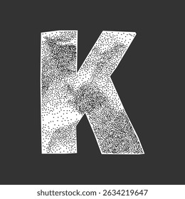 Corte em forma de K de papel texturizado amassado. Sombreamento de meio-tom grunge, efeito pontilhado arenoso, projeto de colagem de carta de resgate.